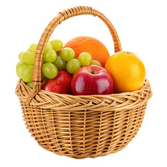 A woven wicker basket filled with fresh ripe fruits including apples grapes and oranges isolated on transparent background