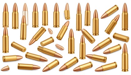 A collection of metallic cartridges scattered across a white background, showcasing various angles and perspectives