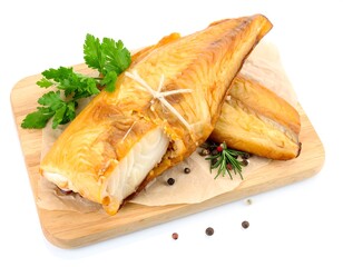 Smoked fish fillets on a wooden board