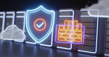 Dynamic digital shield and firewall graphic pulsates with vibrant neon energy, representing cybersecurity and data protection in a modern, tech forward environment. - Powered by Adobe