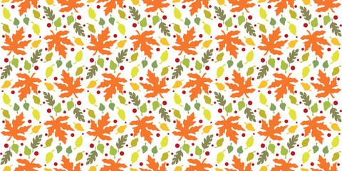 Autumn seamless pattern of orange maple leaves. Multicolored floral ornament of leaves on white background. Bright autumnal plant vector illustration. Fall seasonal mosaic. Decor for Thanksgiving Day
