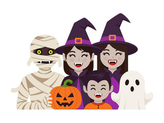 Halloween Festive Friends: A delightful collection of characters representing the spooky holiday spirit – a mummy, a vampire, witch, pumpkin, and ghost, each exuding festive charm.