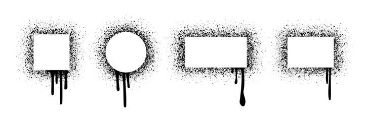 Spray paint frames with dripping ink effect in square, circle, and rectangle shapes. Grunge stencil borders in black with scattered spray texture. Urban graffiti style vector illustration.