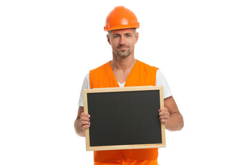 Worker advertising info. Man worker hold board with copy space. Engineer advertisement. Engineer supervisor man advertising isolated on white. Man worker offer advertisement. Labor offer
