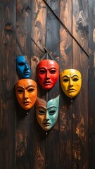 Colorful theatrical masks on a dark wooden wall