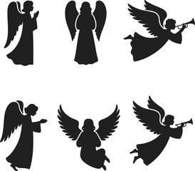 Angel silhouette illustration set, spiritual and religious vector poses, trumpet-playing and praying angels, black clipart for divine and symbolic themes