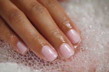 Soft hands rest in a basin filled with bubbly water, showcasing elegantly manicured pink nails that shimmer delicately in the light, perfect for pampering