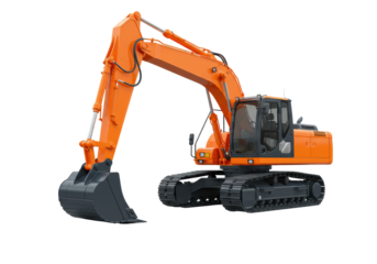 Isolated orange excavator with black tracks for construction work, excavation, heavy machinery