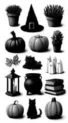 Autumn decor featuring pumpkins, plants, and a witch hat for seasonal celebration in a cozy setting