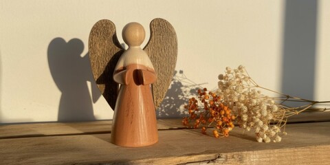 Wooden Angel Figurine: A delicate wooden angel figurine with outstretched wings casts a subtle shadow against the wall, evoking a sense of peace and serenity.