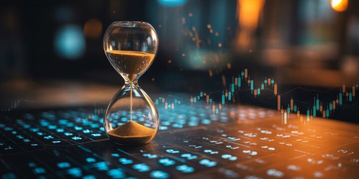 Hourglass on Keyboard: A closeup image features an hourglass on a computer keyboard, symbolizing the concept of time management, deadline.