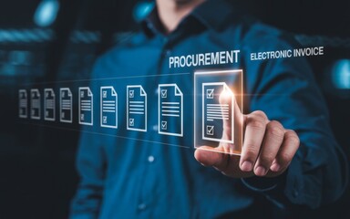 Procurement's Touch: An individual, in a business professional outfit, interacts with futuristic digital interfaces to signify electronic invoice & procurement.