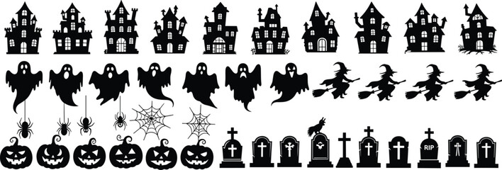 Halloween silhouette icon set, haunted house, ghost, witch, bat, pumpkin, spider, tombstone, and graveyard vector for spooky festive design