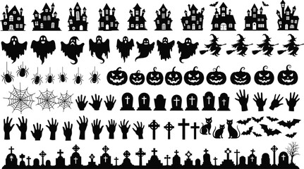 Halloween silhouette icon set, haunted house, ghost, witch, bat, spider, tombstone, cat, and pumpkin vector for spooky festive design