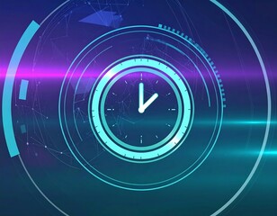 Futuristic clock graphic with digital overlays