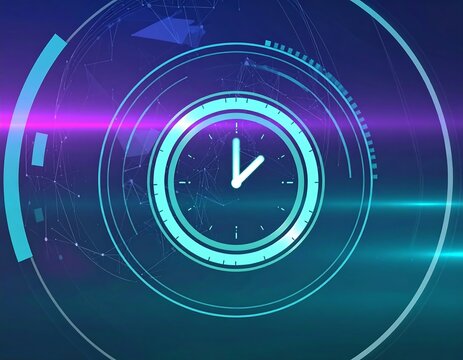 Futuristic clock graphic with digital overlays - Powered by Adobe
