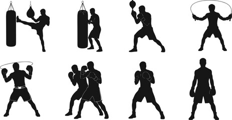 Silhouettes of boxers in various poses, including punching a heavy bag, sparring, and jumping rope, for fitness and martial arts themes