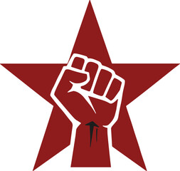 Raised fist protest illustration, revolutionary star symbol, solidarity vector art, activism graphic, resistance design, bold red and black clipart for movements