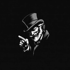 Vintage illustrated character dressed in a top hat and suit pointing in a dramatic fashion