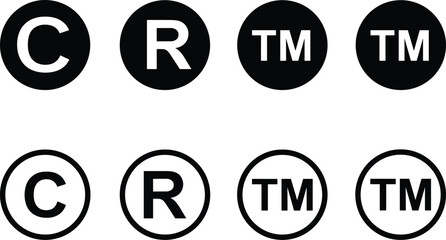 Copyright symbol, trademark symbol, registered trademark, legal protection, intellectual property, branding, icon set, logo, rights, secure, design, graphic, minimal, ownership, content, identity, law
