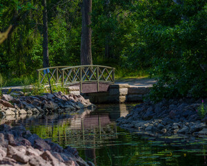 Small wooden footbridge over stream near lake in summer