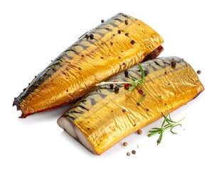 Smoked mackerel fillets on white background