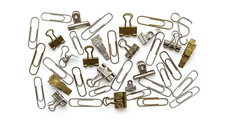 Various binder clips and office supplies scattered on white background.