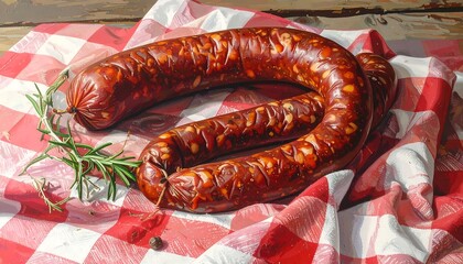 Smoked sausage on checkered cloth