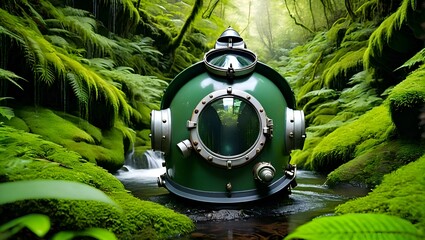Crisp vintage scuba helmet on mossy green forest floor, isolated by cascading waterfall