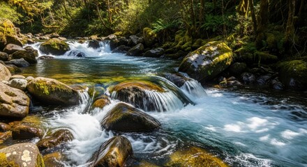 Vibrant forest stream flowing over mossy rocks amidst lush greenery nature photography