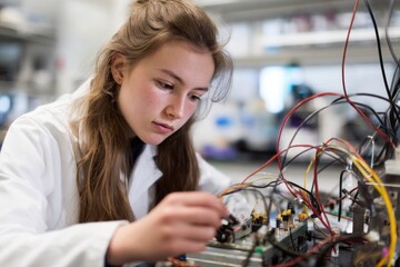Focused young scientist examines and adjusts electrical components while surrounded by various wires and devices in a well-equipped lab setting