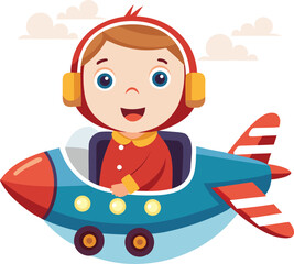 Little boy sit in the airplane on transparent background