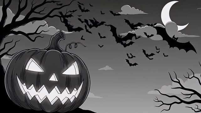 Monochrome cartoon with pumpkin and bats. Halloween background. 4K Video.