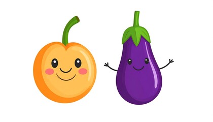 Cute cartoon fruits, an orange apricot and a purple eggplant, with happy faces