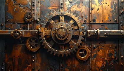Ornate, rusted metal panels with gears and machinery