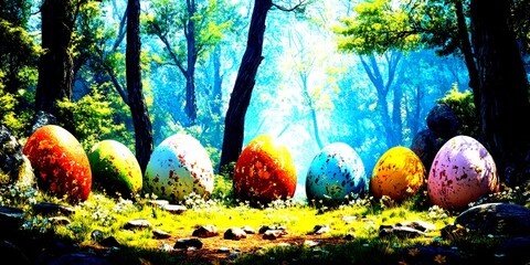 Colorful eggs arranged in a serene forest setting surrounded by trees and flowers during springtime - High Contrast