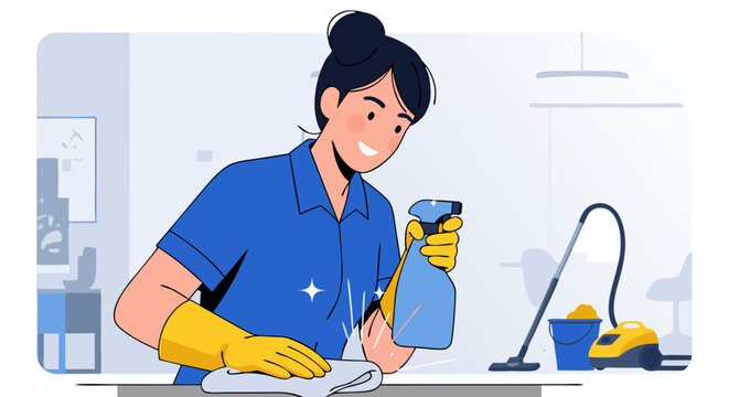 Professional cleaning service, a woman wearing yellow gloves and holding a spray bottle wipes a surface with a cloth next to a vacuum cleaner