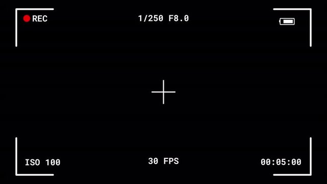 Video Camera Recording Interface with 60 FPS and Crosshair Overlay. Digital camera viewfinder overlay displaying a red REC icon, ISO 100, shutter speed 1/250, aperture F8.0, 60 FPS