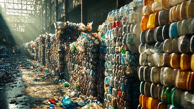 Plastic bottles stacked in a warehouse ready for recycling or disposal.