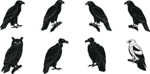 Silhouettes of diverse male and female singers performing on stage with microphones, captured in various dynamic poses and expressions, black and white
