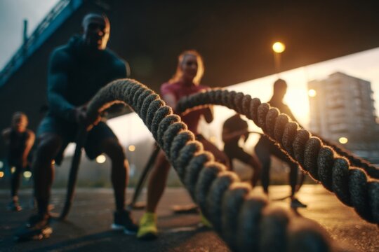 A group of determined athletes engages in battle rope training at sunset under a bridge. The warm glow of the setting sun enhances the energy of their workout