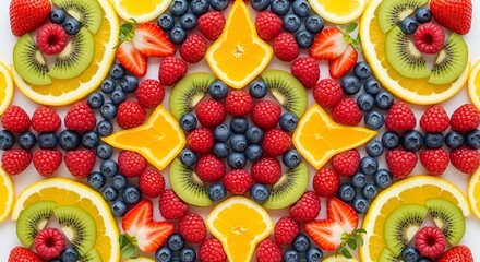Kaleidoscope-style fruit arrangement with geometric symmetry.