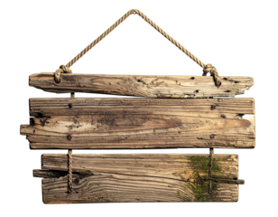 Rustic wooden signboard hanging by rope isolated on white background