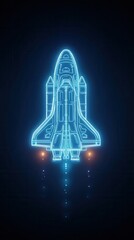 Futuristic neon spaceship ascending with blazing engines in deep space