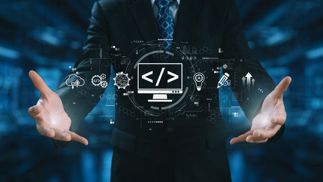 Modern web development concept featuring coding symbols, web development process, web development interface, and web development tools with futuristic design. Elide