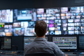 A broadcast technician focuses on several screens in a control room full of digital displays. The scene shows intense activity during a live production, reflecting teamwork and technology