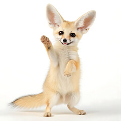 Obraz premium A fennec fox standing on its hind legs with one paw raised against a plain white studio background