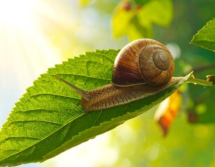 Snail on a leaf in sunlight