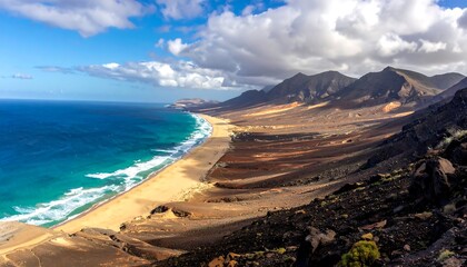 A panoramic view showcases a sun-kissed sandy coastline curving along turquoise ocean waters and bordered by rugged, brown mountains under a cloudy, blue sky