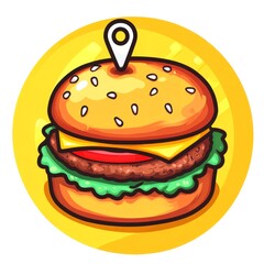 Delicious burger illustration with location pin, perfect for food-related applications and menus